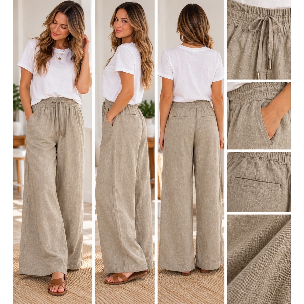 Quince 100% European Linen Wide Leg Pants Flax Beige Smocked Waist Medium